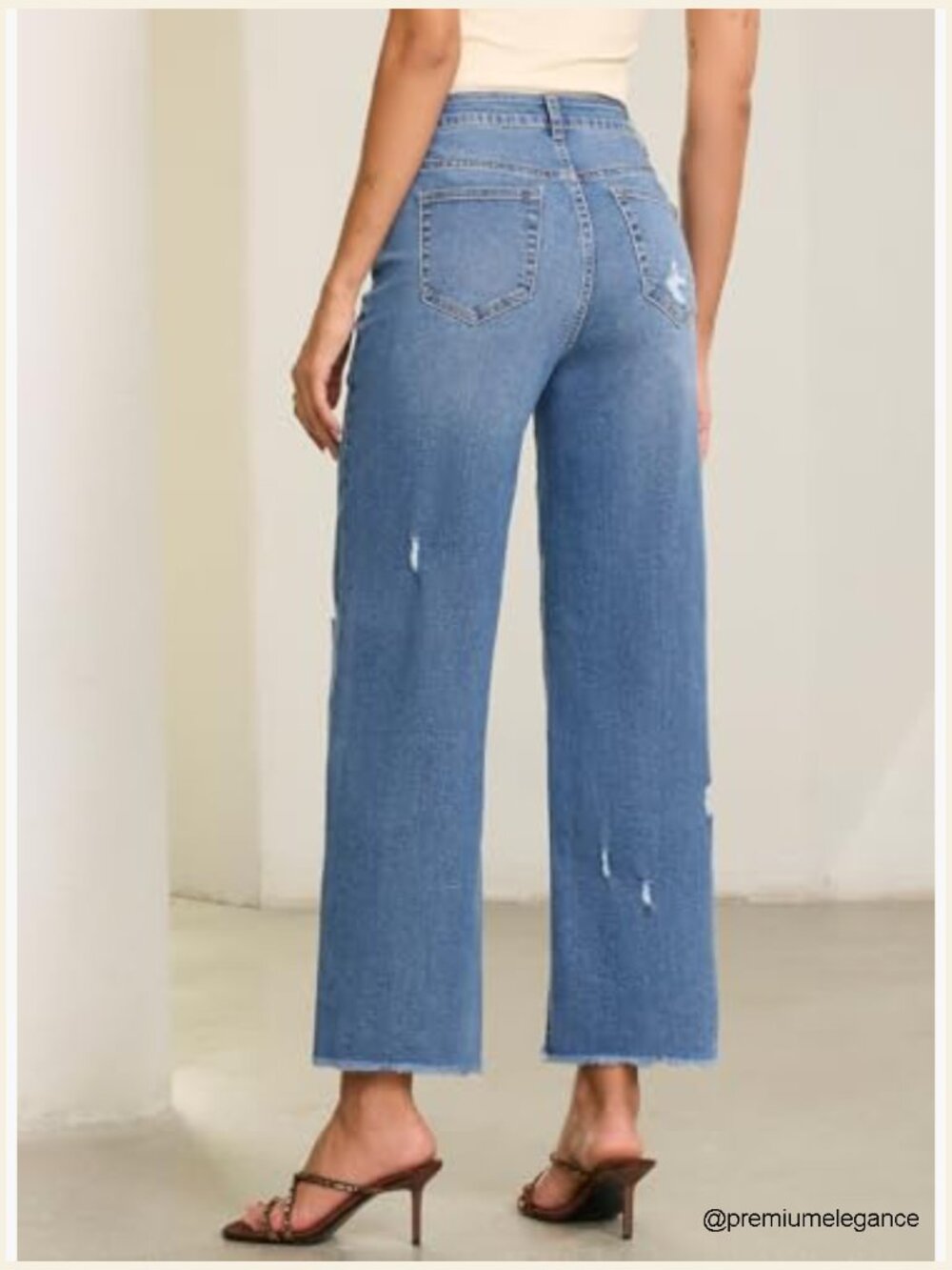 Wide Leg Stretchy Distressed Raw Hem Ankle Jeans with Pockets - Picture 3 of 7